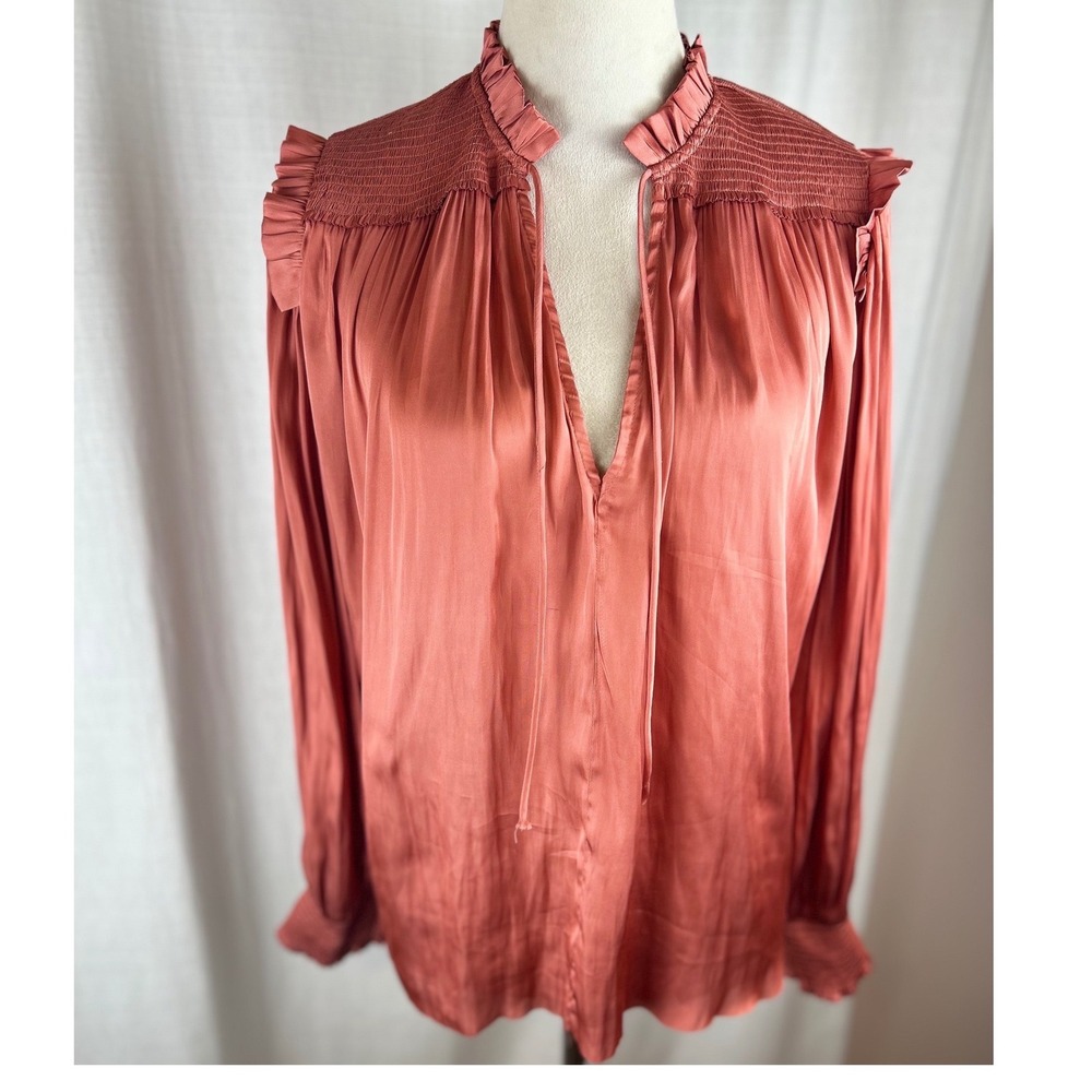 Reset Women's Satin Smocked‎ Ruffle Tie Neck Top in Terracotta Blouse SZ Large